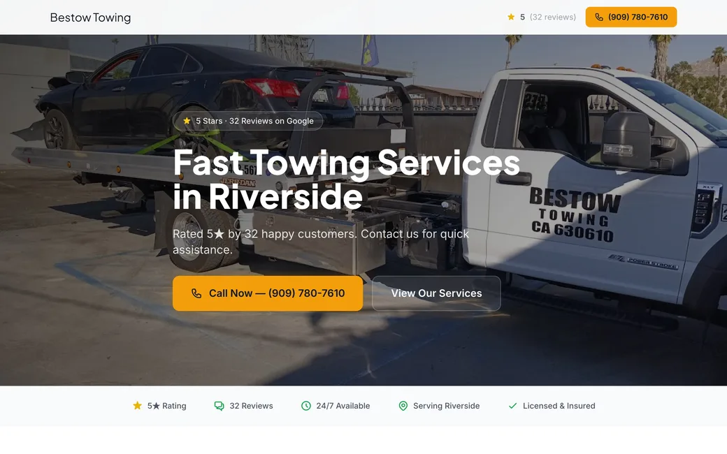 Live website preview — Bestow Towing in Riverside, CA