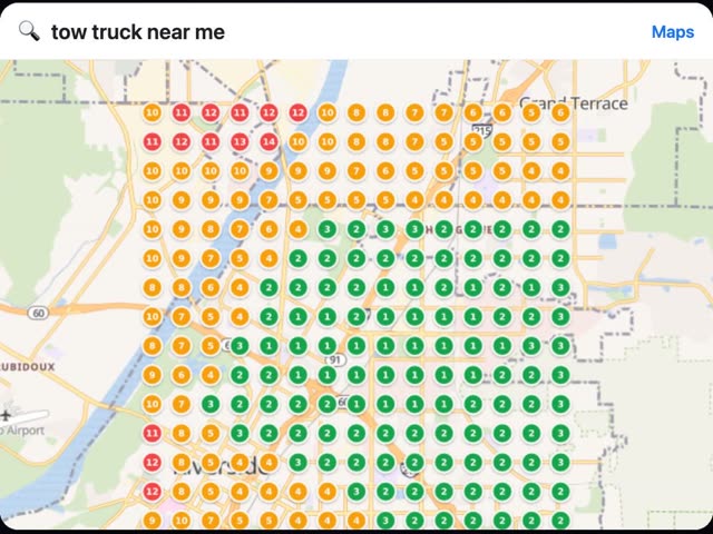 Bestow Towing's Google Maps ranking map — green dots mean top-3
